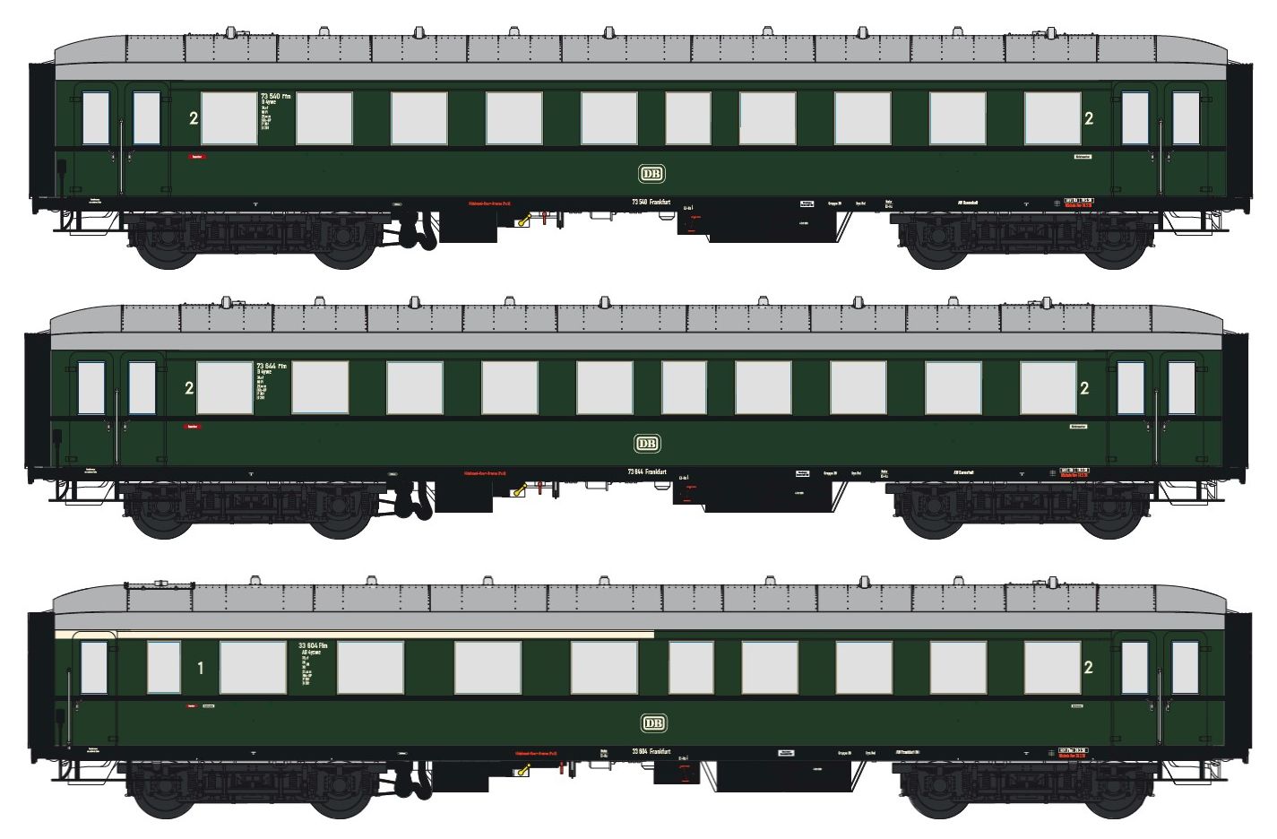 Set besteht aus: Eilzugwagen 2x 2.Klasse - 1x 1/2.Klasse neue Nummern, DB, Flaschengrün, Ep. IIIb